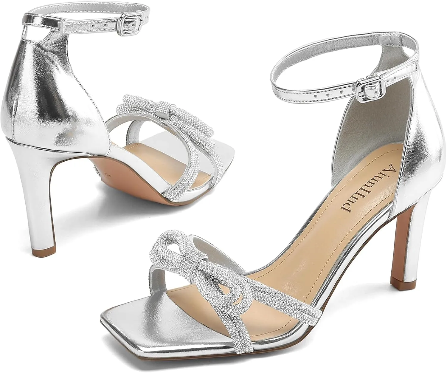 Women's Double Bowknots Heels Square Open Toe Ankle Strap Rhinestone Dress Shoes for Party Wedding