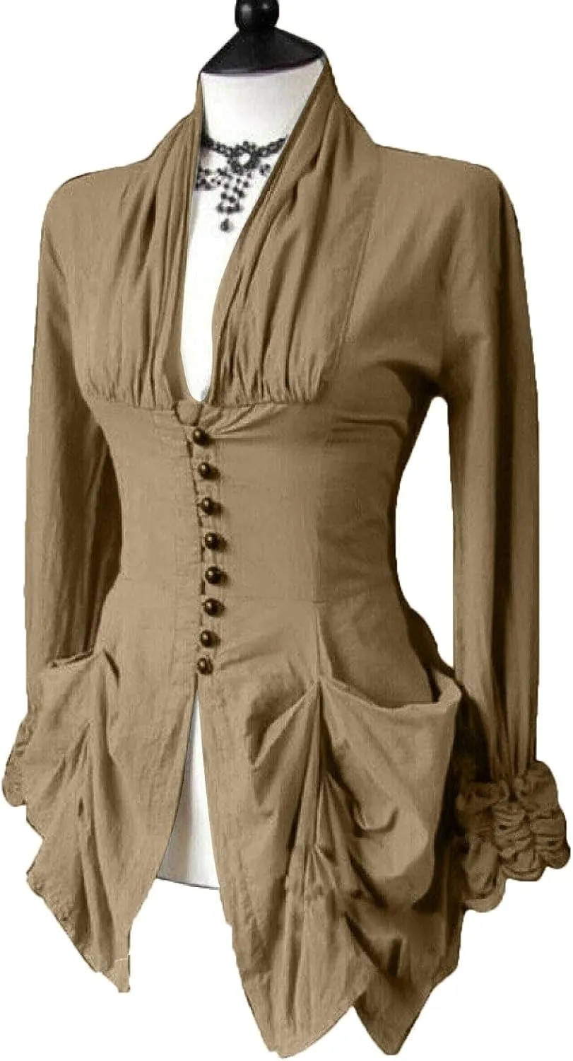 Women's Dressy Vintage Renaissance Victorian Blouse Medieval Pirate Lotus Ruffled Long Sleeve Shirt Peasant Tops