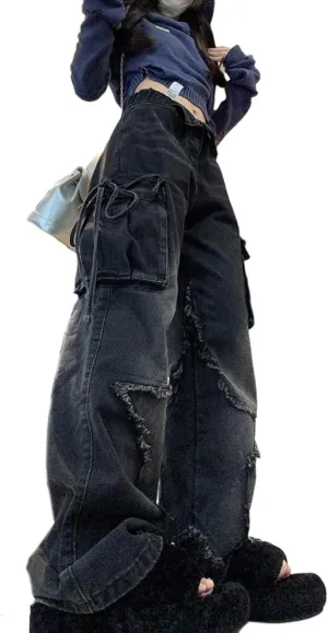 Women's Five Point Star Work Dress Jeans Multi Pocket High Waist Loose Y2K Drop Feel Jeans Gothic Wide Leg Pants