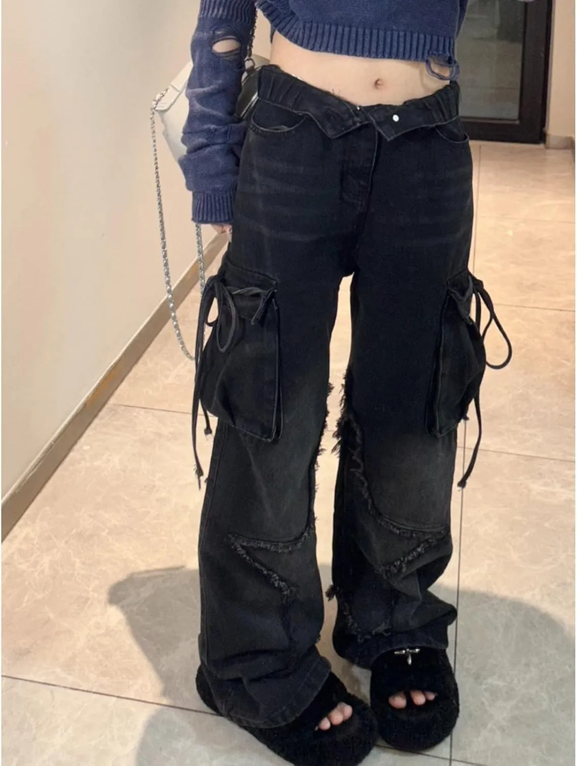 Women's Five Point Star Work Dress Jeans Multi Pocket High Waist Loose Y2K Drop Feel Jeans Gothic Wide Leg Pants