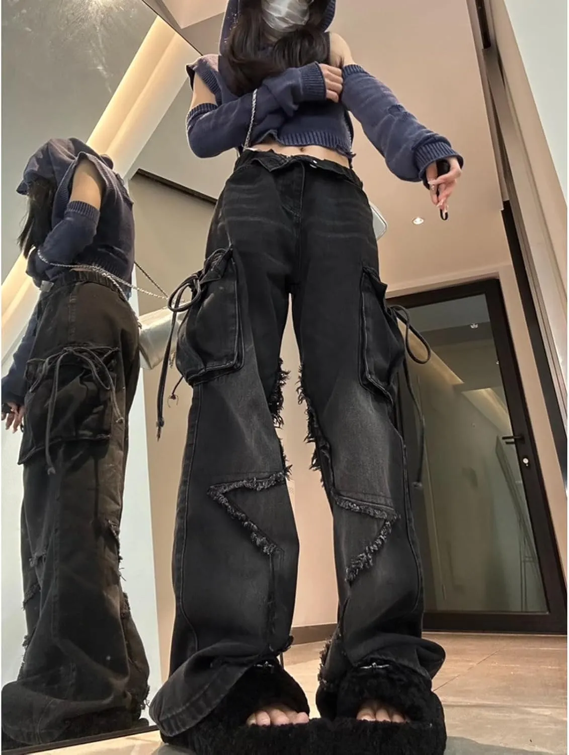 Women's Five Point Star Work Dress Jeans Multi Pocket High Waist Loose Y2K Drop Feel Jeans Gothic Wide Leg Pants