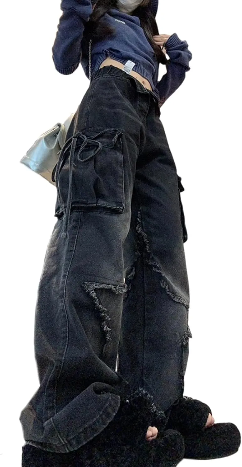 Women's Five Point Star Work Dress Jeans Multi Pocket High Waist Loose Y2K Drop Feel Jeans Gothic Wide Leg Pants