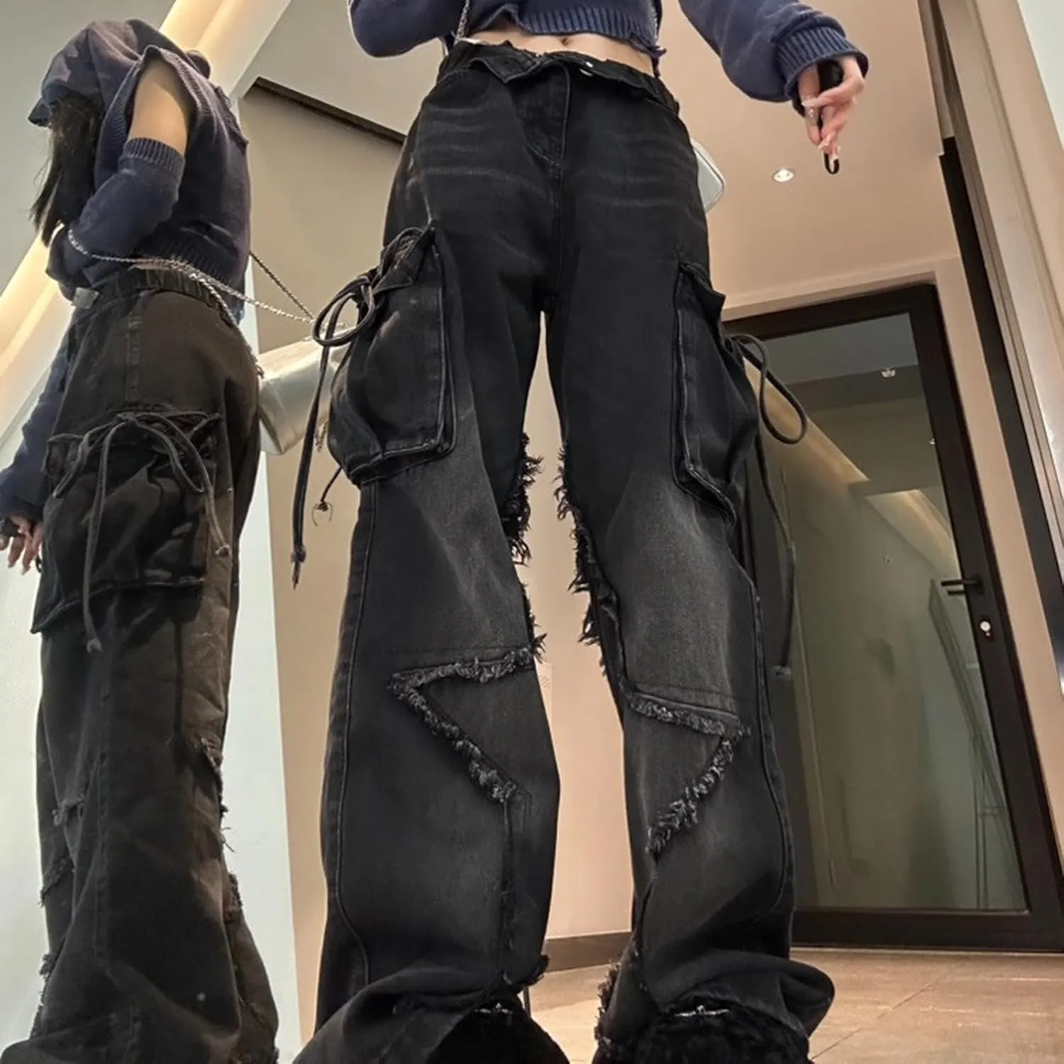 Women's Five Point Star Work Dress Jeans Multi Pocket High Waist Loose Y2K Drop Feel Jeans Gothic Wide Leg Pants