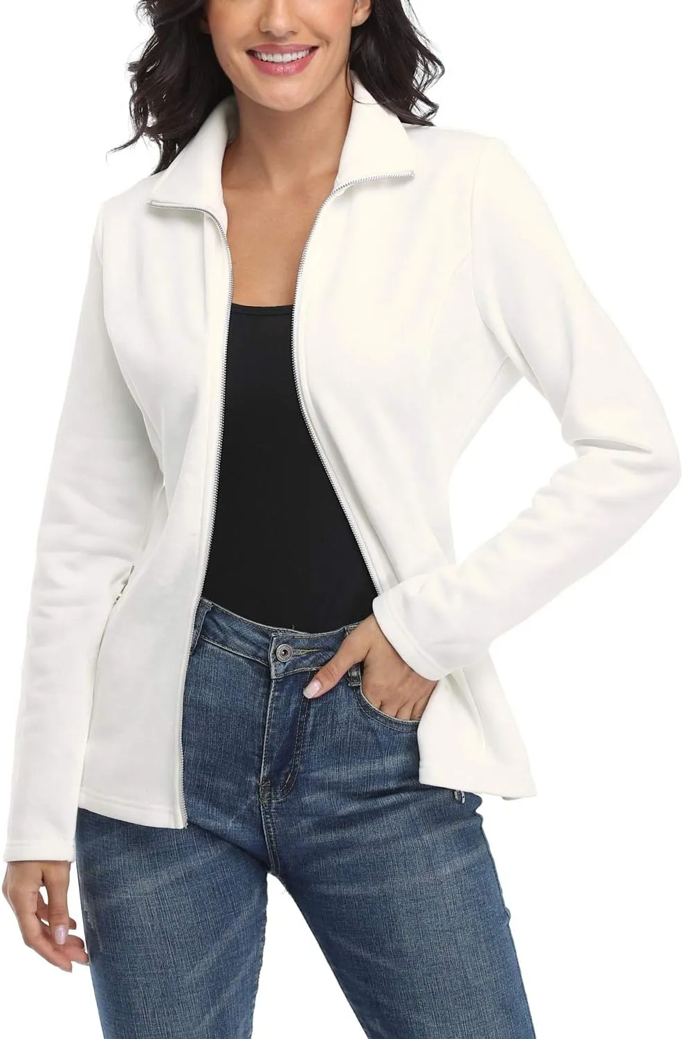 Women's Full-zip Jacket Stand Collar Sweatshirt Hoodless Cotton Slim Fit Running Jackets with Pockets