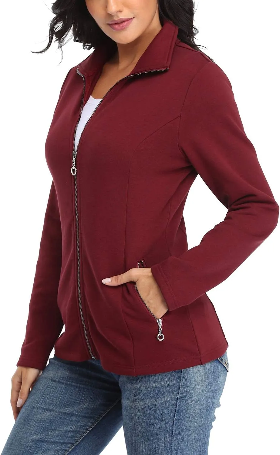 Women's Full-zip Jacket Stand Collar Sweatshirt Hoodless Cotton Slim Fit Running Jackets with Pockets