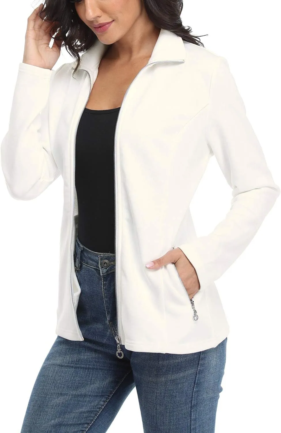 Women's Full-zip Jacket Stand Collar Sweatshirt Hoodless Cotton Slim Fit Running Jackets with Pockets