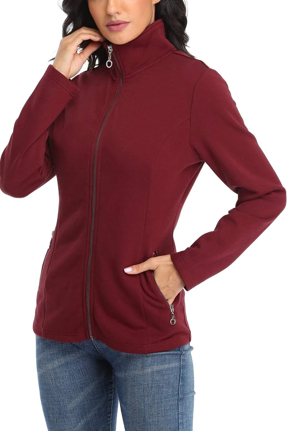 Women's Full-zip Jacket Stand Collar Sweatshirt Hoodless Cotton Slim Fit Running Jackets with Pockets