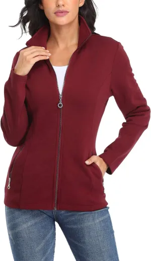 Women's Full-zip Jacket Stand Collar Sweatshirt Hoodless Cotton Slim Fit Running Jackets with Pockets
