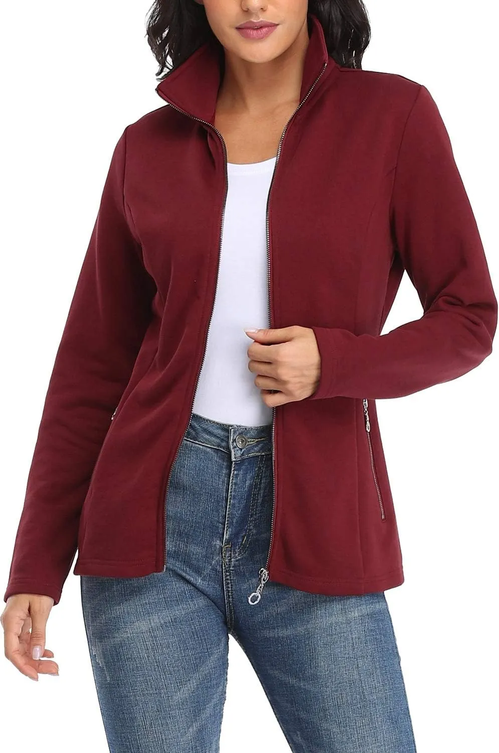 Women's Full-zip Jacket Stand Collar Sweatshirt Hoodless Cotton Slim Fit Running Jackets with Pockets