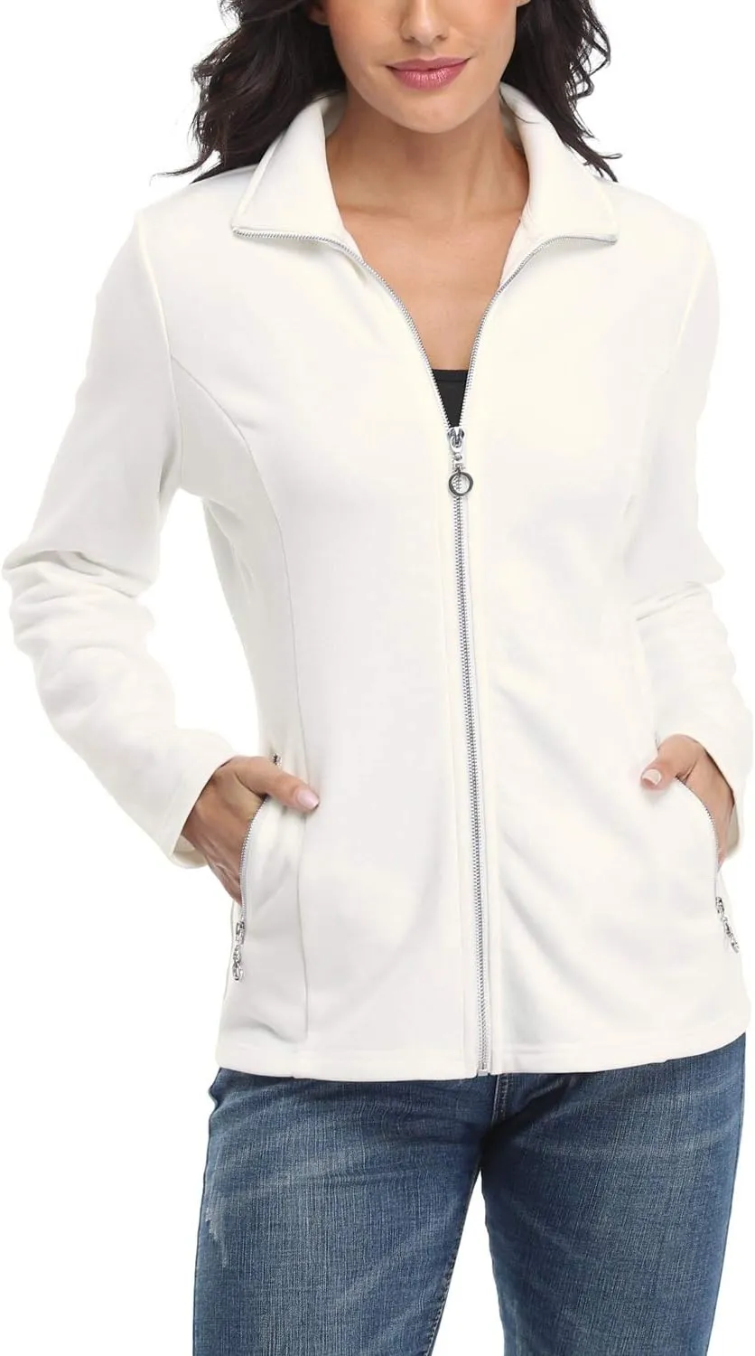 Women's Full-zip Jacket Stand Collar Sweatshirt Hoodless Cotton Slim Fit Running Jackets with Pockets