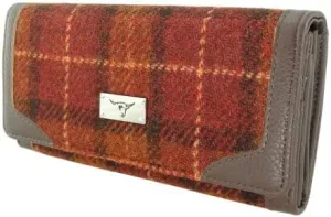 Women's Harris Tweed Long Purse - Scottish Tartan Wool Wallet with Multiple Card Slots & Zipper Pocket - Stylish Gift for Women - Orange Check