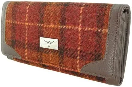 Women's Harris Tweed Long Purse - Scottish Tartan Wool Wallet with Multiple Card Slots & Zipper Pocket - Stylish Gift for Women - Orange Check