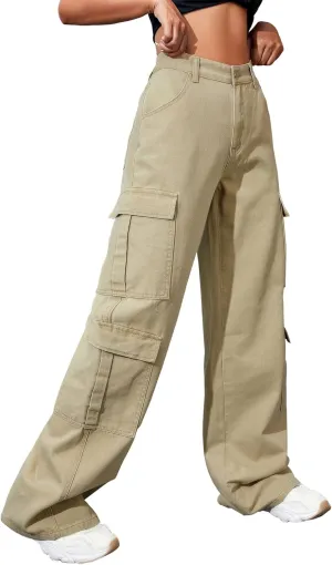 Women's High Waist Baggy Cargo Jeans Flap Pocket Y2K Streetwear Wide Leg Denim Pants