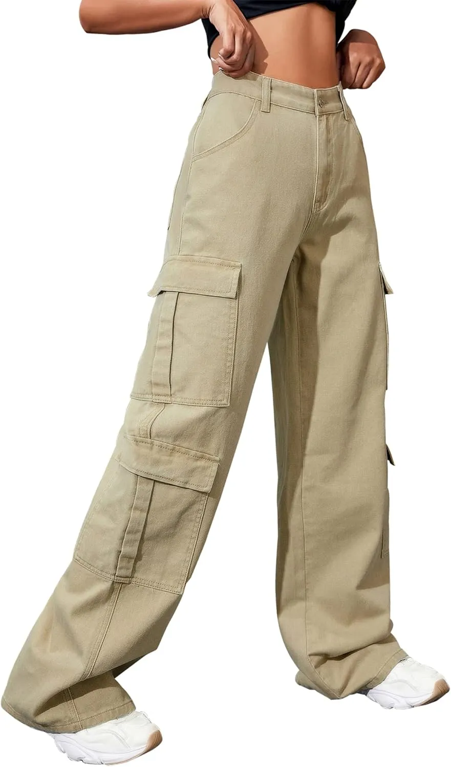Women's High Waist Baggy Cargo Jeans Flap Pocket Y2K Streetwear Wide Leg Denim Pants