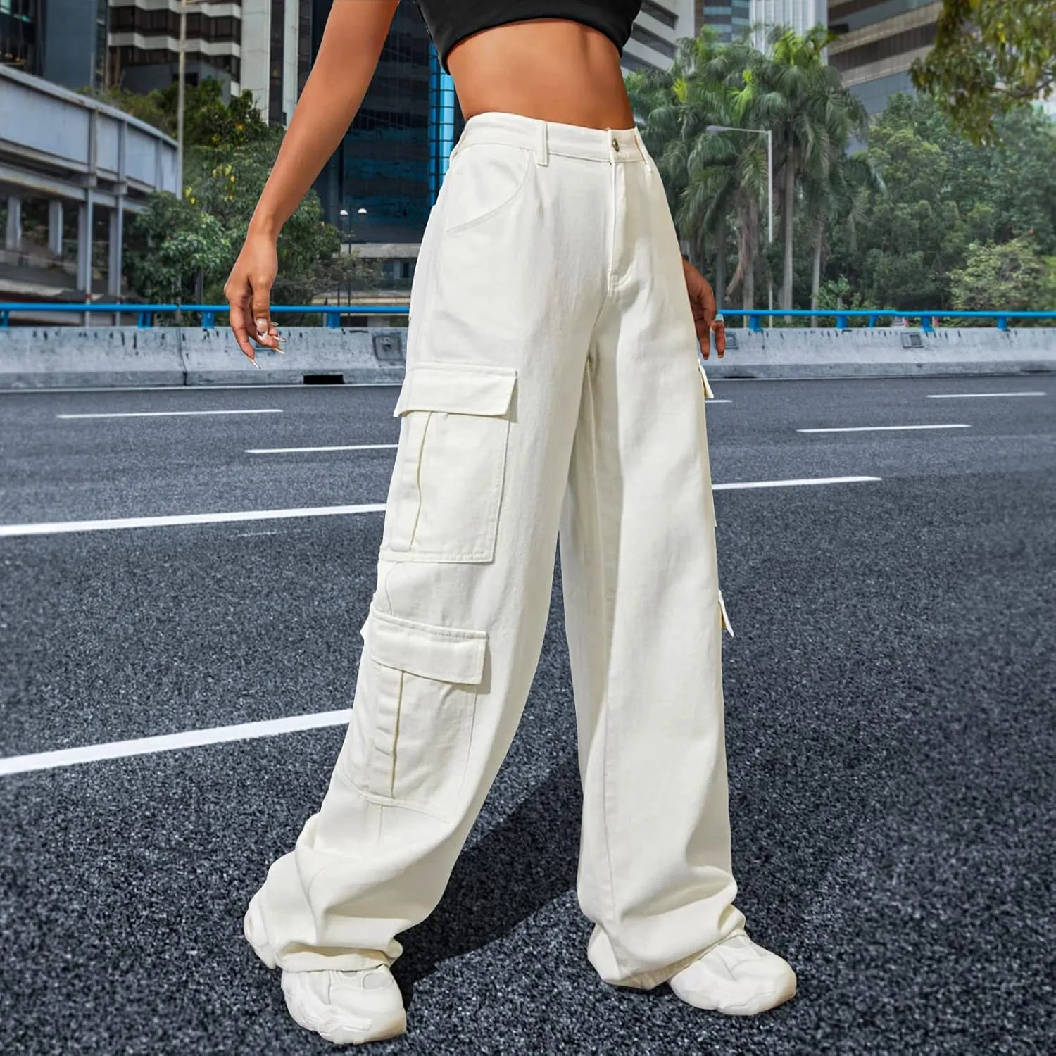 Women's High Waist Baggy Cargo Jeans Flap Pocket Y2K Streetwear Wide Leg Denim Pants