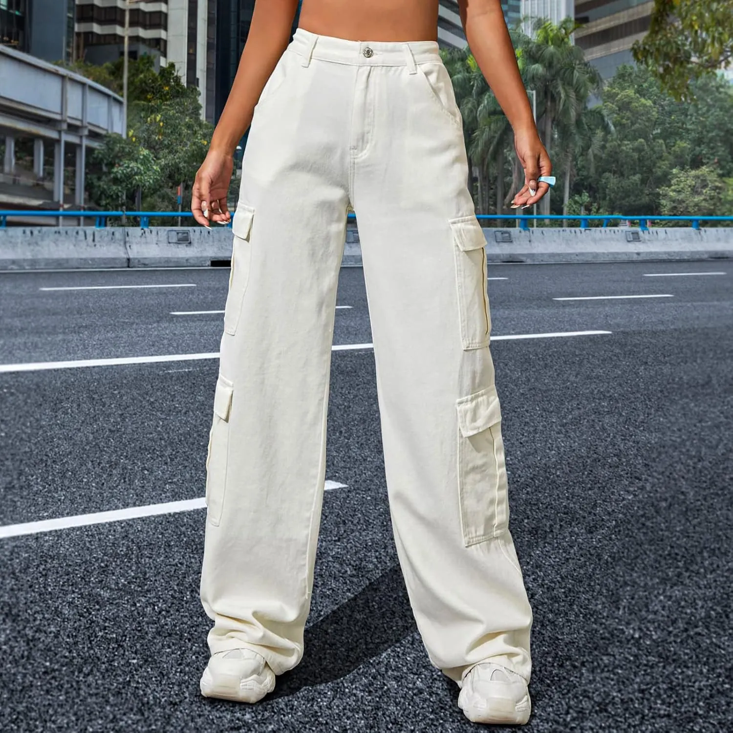 Women's High Waist Baggy Cargo Jeans Flap Pocket Y2K Streetwear Wide Leg Denim Pants