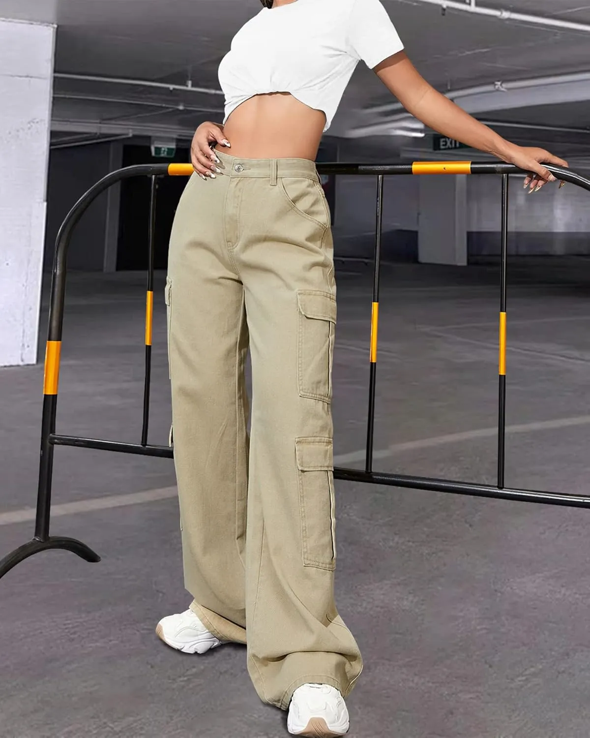 Women's High Waist Baggy Cargo Jeans Flap Pocket Y2K Streetwear Wide Leg Denim Pants