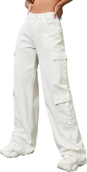 Women's High Waist Baggy Cargo Jeans Flap Pocket Y2K Streetwear Wide Leg Denim Pants