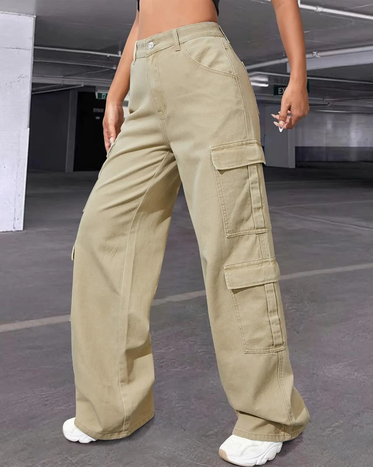 Women's High Waist Baggy Cargo Jeans Flap Pocket Y2K Streetwear Wide Leg Denim Pants