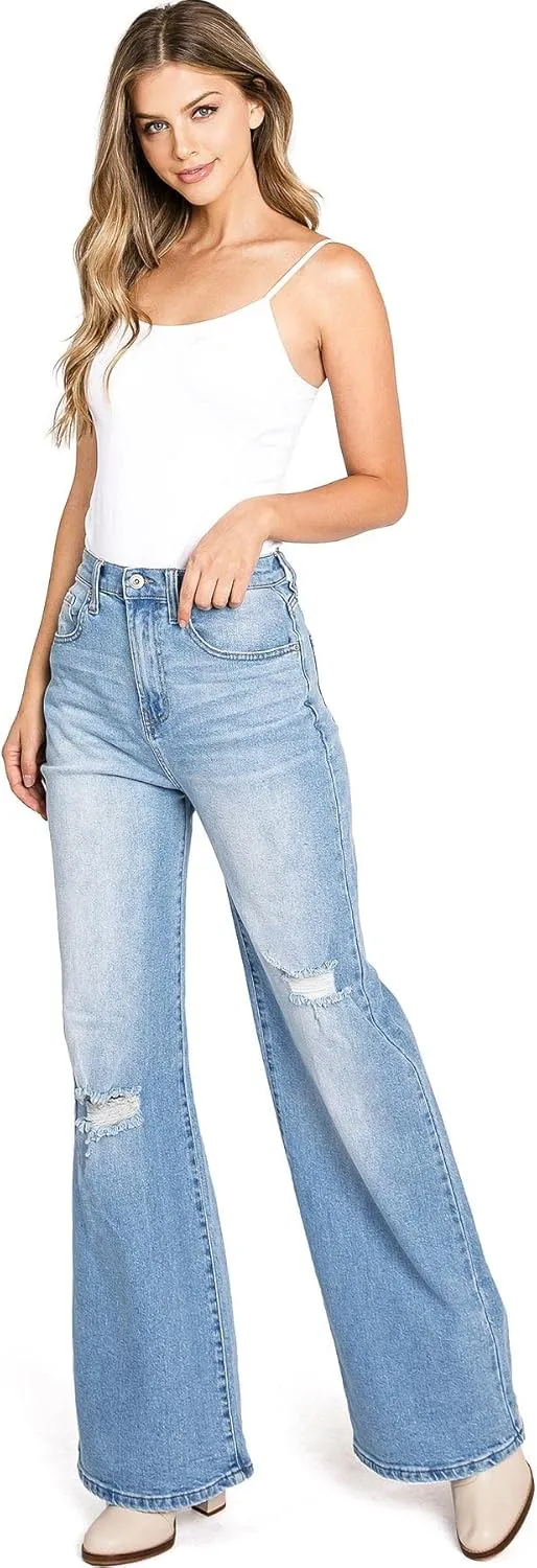 Women's Juniors High Rise Super Wide Leg Flare Jeans (11, Light Denim)