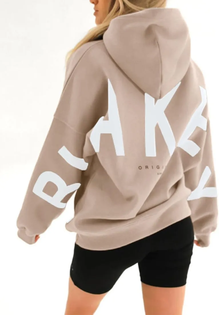 Womens Letter Prints Oversized Hoodies Thicken Sweatshirts Long Sleeve Lightweight Pullover Outfits with Pocket