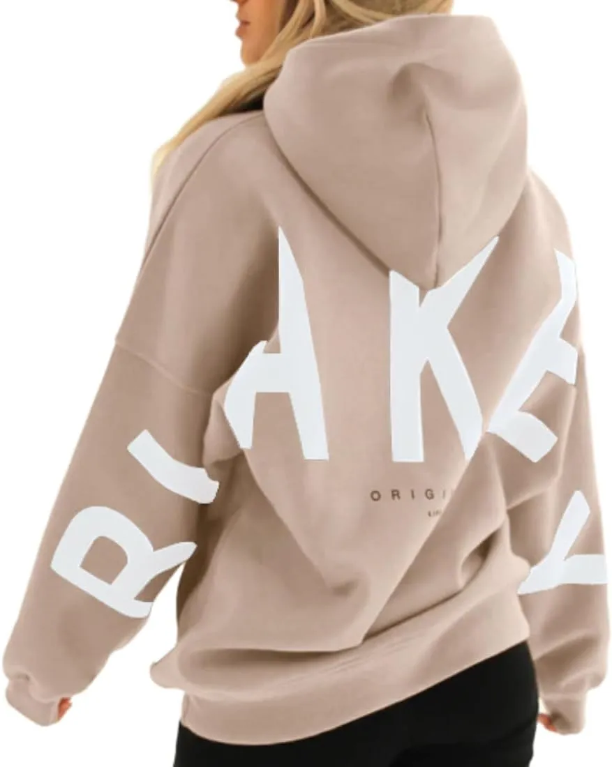 Womens Letter Prints Oversized Hoodies Thicken Sweatshirts Long Sleeve Lightweight Pullover Outfits with Pocket