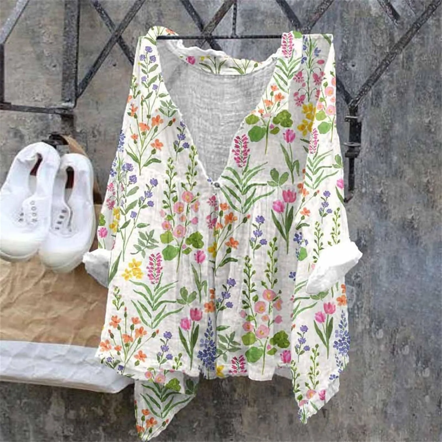 Womens Linen Button Down Shirts Women's Floral Butterfly Print Natural Autumn Shirts Loose Work Tops with Pockets