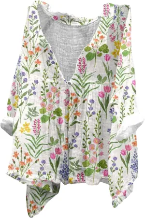 Womens Linen Button Down Shirts Women's Floral Butterfly Print Natural Autumn Shirts Loose Work Tops with Pockets
