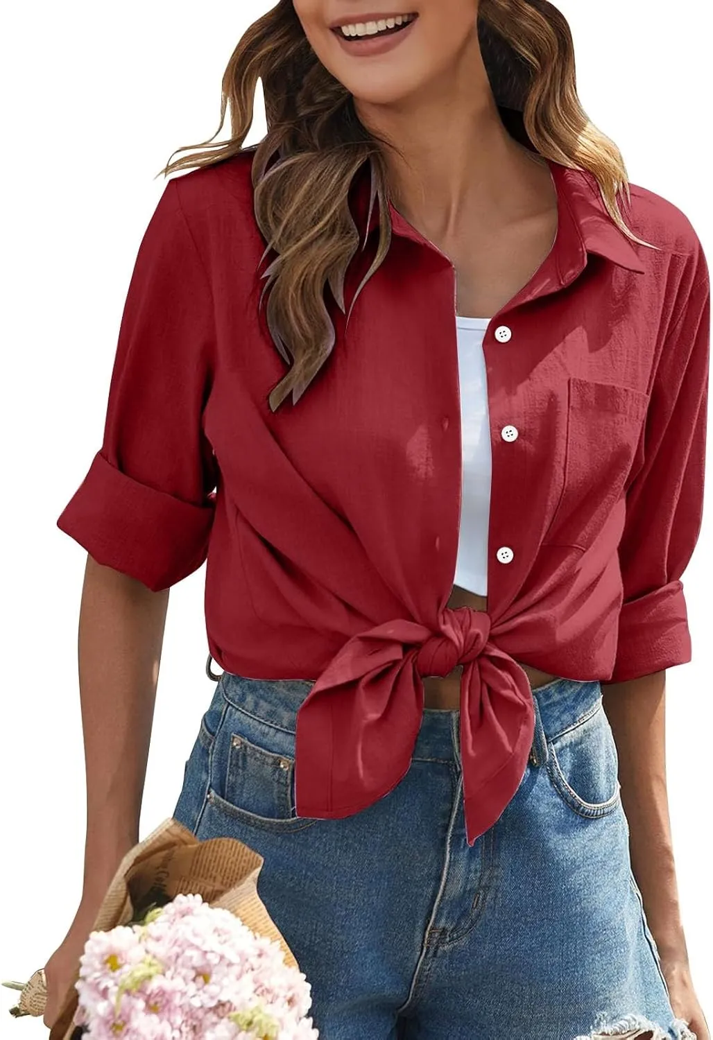 Womens Linen Button Down Shirts Women's Retro Floral Art Print Casual Long Sleeve Long Sleeve Cotton Gauze Tops