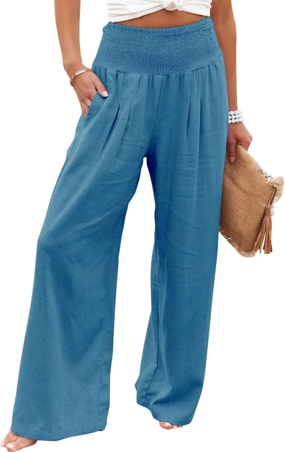 Womens Linen Palazzo Pants Lightweight High Waisted Wide Leg Pant Lounge Flowy Summer Boho Vacation Beach Pant Trousers