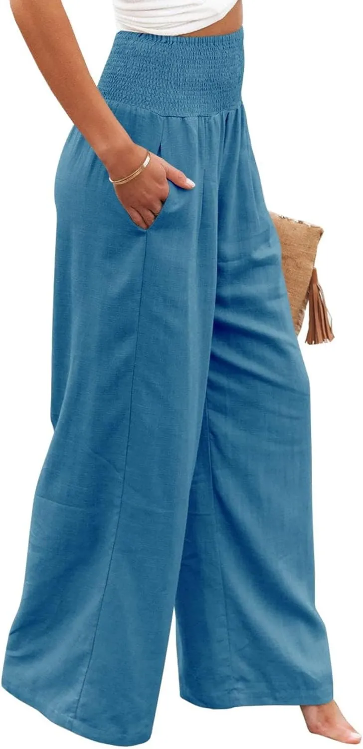 Womens Linen Palazzo Pants Lightweight High Waisted Wide Leg Pant Lounge Flowy Summer Boho Vacation Beach Pant Trousers