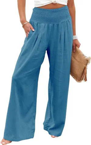 Womens Linen Palazzo Pants Lightweight High Waisted Wide Leg Pant Lounge Flowy Summer Boho Vacation Beach Pant Trousers
