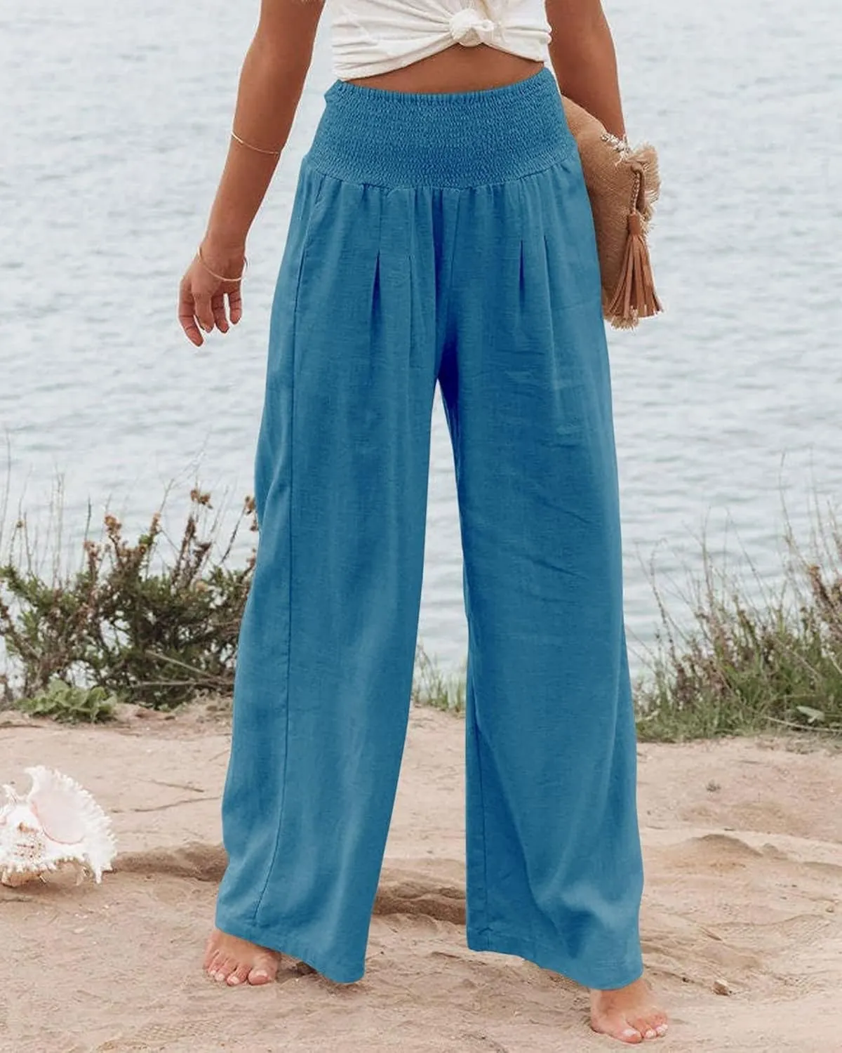 Womens Linen Palazzo Pants Lightweight High Waisted Wide Leg Pant Lounge Flowy Summer Boho Vacation Beach Pant Trousers