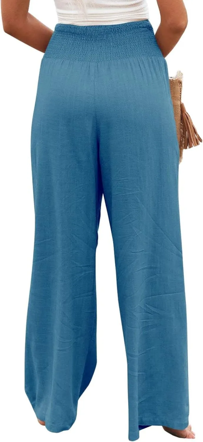 Womens Linen Palazzo Pants Lightweight High Waisted Wide Leg Pant Lounge Flowy Summer Boho Vacation Beach Pant Trousers