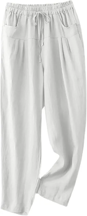 Women's Linen Pants Dressy Elastic Waist Wide Leg Flowy Pants Relaxed Fit High Waisted Plus Size Pants with Pckets