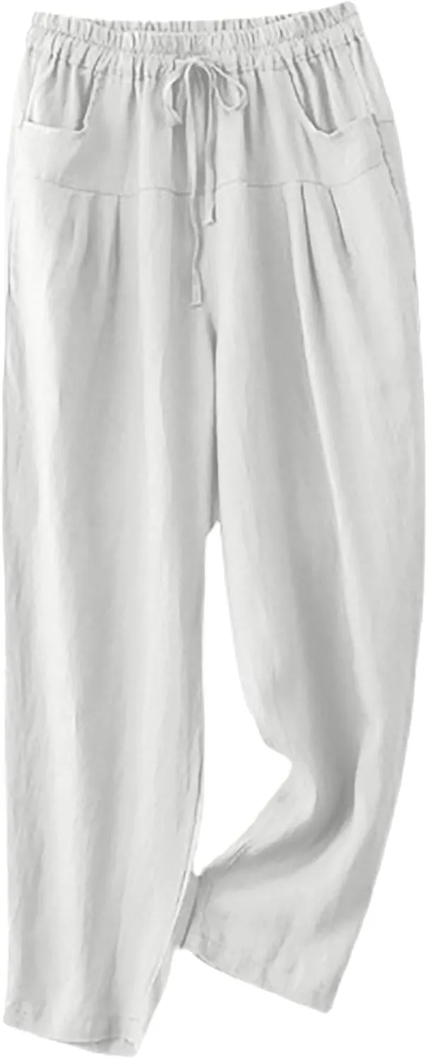 Women's Linen Pants Dressy Elastic Waist Wide Leg Flowy Pants Relaxed Fit High Waisted Plus Size Pants with Pckets