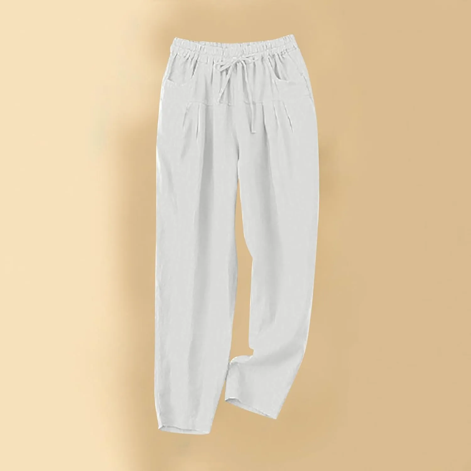 Women's Linen Pants Dressy Elastic Waist Wide Leg Flowy Pants Relaxed Fit High Waisted Plus Size Pants with Pckets