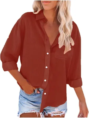 Womens Long Sleeve Button Down Linen Shirts Dressy Causal Plus Size Fall Blouses Loose V Neck Office Work Tunic Tops