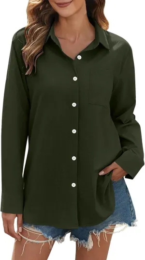 Womens Long Sleeve Button Down Women's Retro Floral Art Print Casual Long Sleeve Loose Fit Casual V-Neck Tops Linen