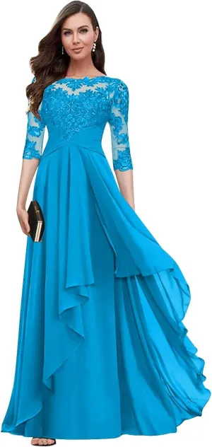 Women's Long Sleeves Mother of The Bride Dresses for Wedding Lace Applique Ruffled Chiffon Formal Evening Gowns