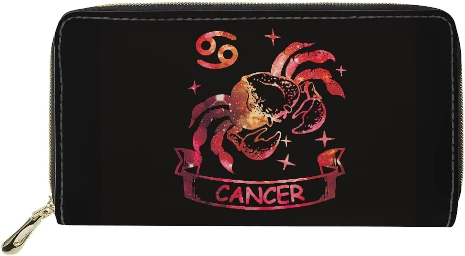 Women’s Long Wallet with Large Capacity Zipper Money Organizer Clutch Wallet Astral Zodiac Pattern Cancer Print Red