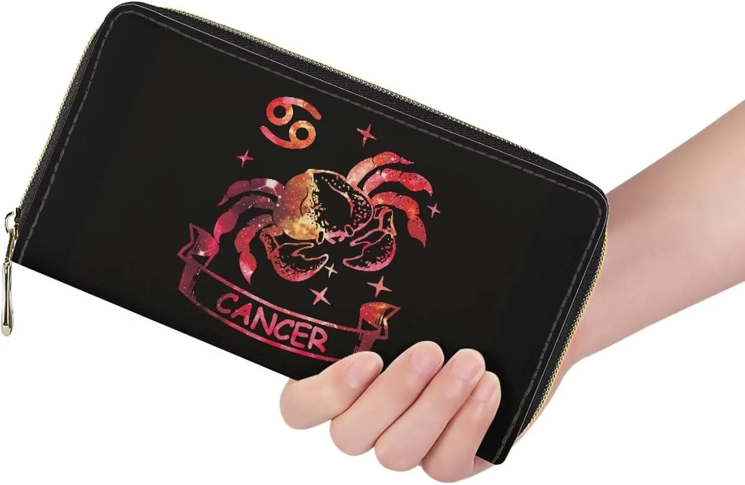 Women’s Long Wallet with Large Capacity Zipper Money Organizer Clutch Wallet Astral Zodiac Pattern Cancer Print Red