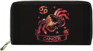 Women’s Long Wallet with Large Capacity Zipper Money Organizer Clutch Wallet Astral Zodiac Pattern Cancer Print Red