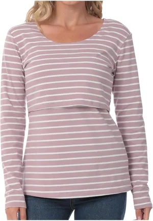 Women's Maternity Nursing Tops Striped Long Sleeve Round Neck Breastfeeding Shirts Double Layer Pregnancy Tee Shirt