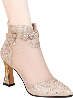 Women's Mesh Heeled Sandals Rhinestone High Heels Dressy Summer Pointed Toe