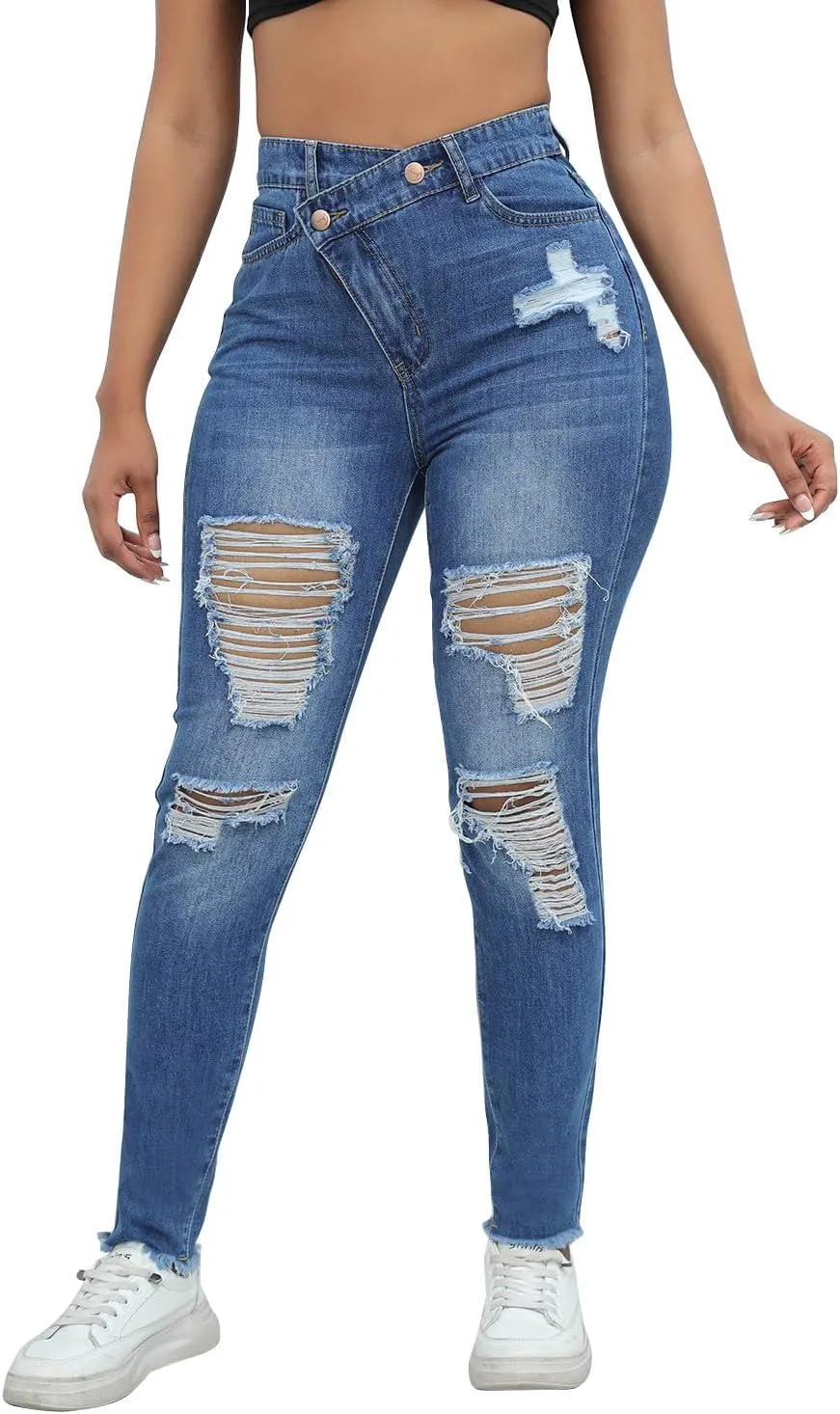 Womens Mid Waisted Ripped Jeans Straight Leg Stretchy Slim Fit Boyfriend Distressed Denim Pants with Pocket