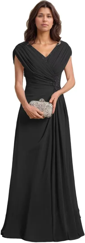 Women’s Mother of The Bride Dresses for Wedding Chiffon A-Line Beaded Pleats Elegant Formal Evening Gowns