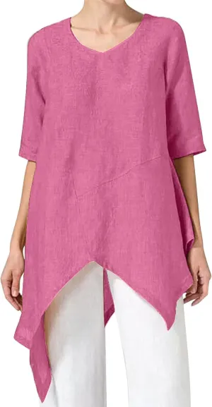 Womens Plus Size Cotton Linen Shirts Loose Fit High Low Irregular Hem Boyfriend Shirts Summer Beach Cover Ups