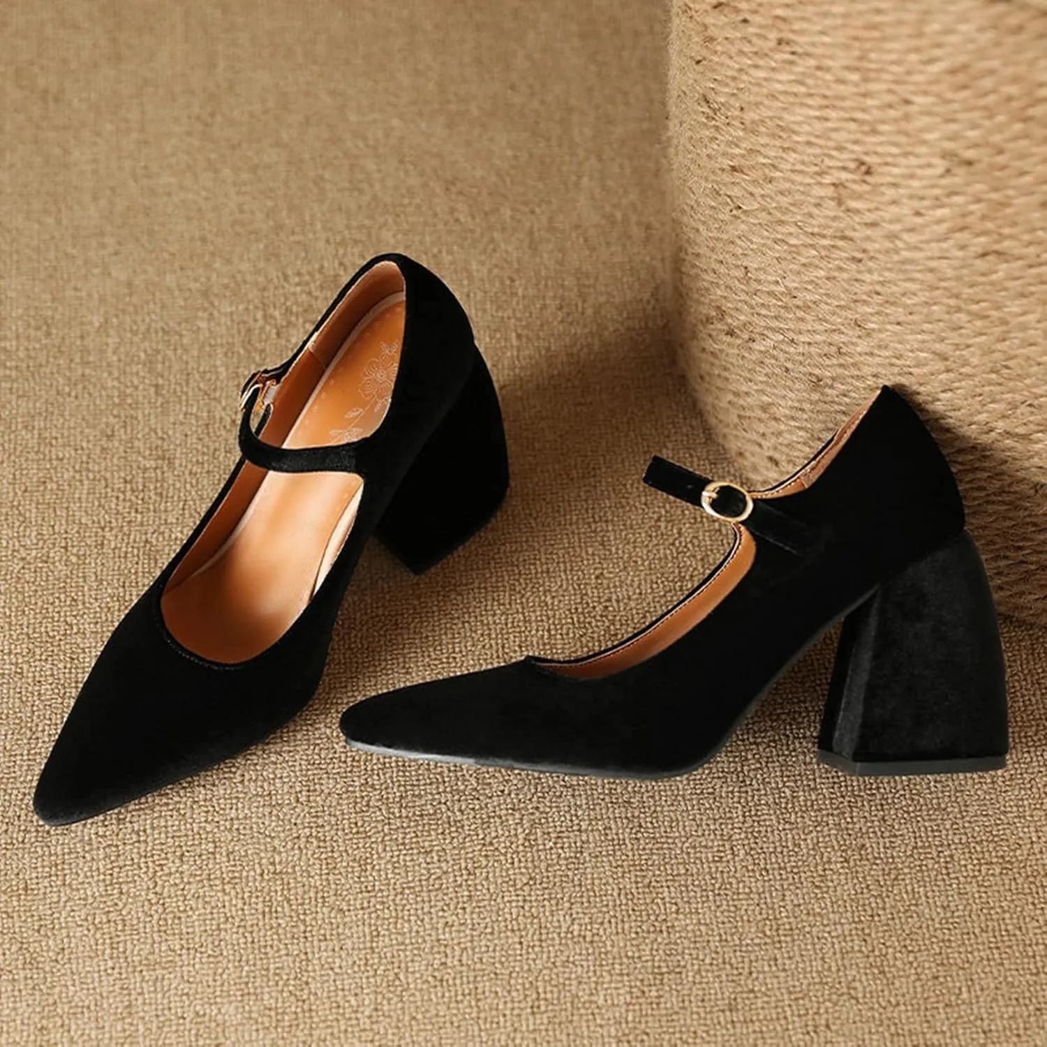 Womens Pointed Toe Mary Jane Pumps Velvet High Chunky Heel Ankle Strap Fashion Dressy Wedding Shoes