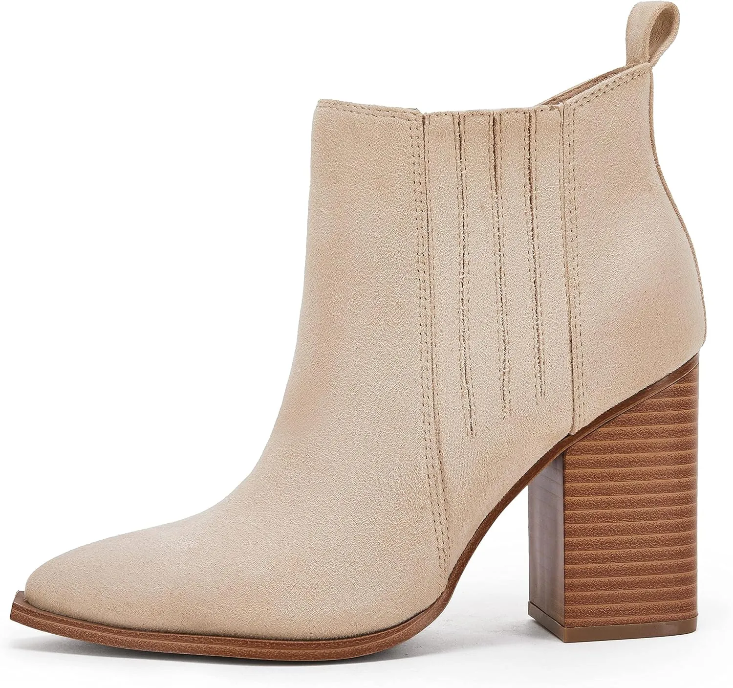 Womens Pointed Toe Slip on Ankle Booties Stacked Mid Block Heel Shoes Faux Leather Boots